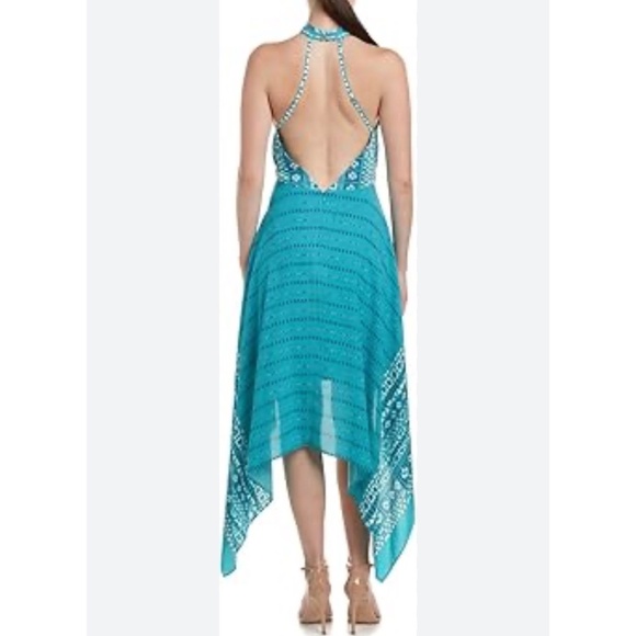 BCBG MAXAZRIA Dress Occasion Open Back Halter Top Handkerchief Hem Blue Print - Picture 2 of 16